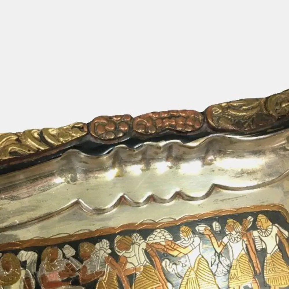 Vintage Egyptian Figural Horse Chariot Copper Silver Metal Serving Platter Tray - Picture 3 of 13
